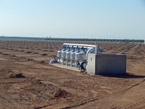 A future almond orchard prepared for planting  with the irrigation system installed and operational. In this particular case, the water is drawn from a local irrigation district through the concrete structure on the right, pressurized, filtered and distributed to the trees. 