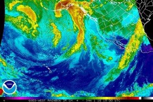 An active storm track can be seen in satellite imagery developing over the Eastern Pacific. (NOAA)