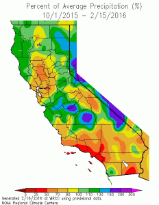 Season-to-date precipitation remains a patchwork of above and below-average across the northern 2/3 of CA with SoCal uniformly below avg. (WRCC)