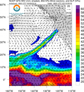 The upcoming atmospheric river can be traced all the way back to the Hawaiian Islands. (NCEP via Scripps)